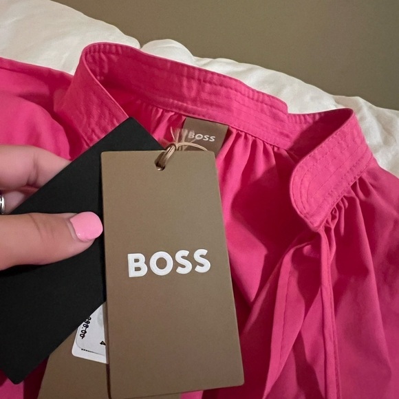 BOSS Dapera Long Sleeve Cotton Blend Dress in Flamingo - Picture 6 of 9